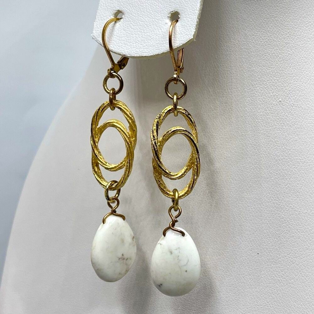 Vintage Gold Tone Textured Look Stone Dangle Earrings Leverback Boho Timeless